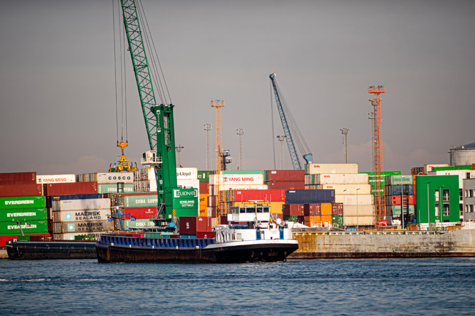 A cargo ship at a port